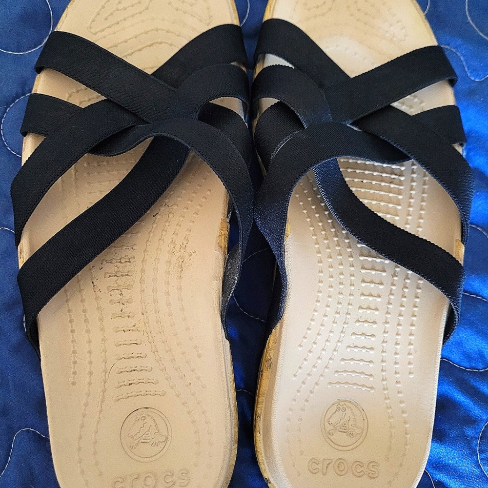 CROCS Eddie Strappy Stretch Criss -Cross Black Slide Sandal